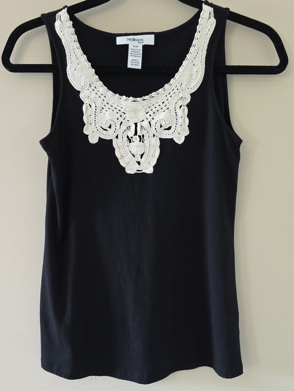 Style & Co. Black Tank with White Crochet Detail